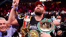 Tyson Fury celebrates his 11th round knock out win against Deontay Wilder after their WBC heavyweight title fight 