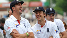 England's Kevin Pietersen (left) shares a joke with Graeme Swann (centre) and James Anderson (right) after victory over Bangladesh.   (Photo by Nigel French - PA Images via Getty Images)