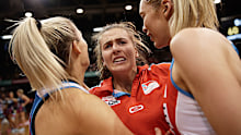 Injured Captain Maddy Proud and Helen Housby show emotion after the Super Netball Preliminary Final between the NSW Swifts and the Melbourne Vixens