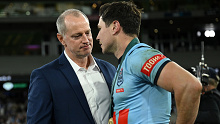 Blues coach Michael Maguire and player of the match Mitchell Moses after State of Origin II in Melbourne.