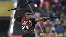 South Sydney superstar Latrell Mitchell leads the Indigenous All Stars' war dance ahead of this year's clash with the Maori.
