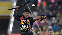 South Sydney superstar Latrell Mitchell leads the Indigenous All Stars' war dance ahead of this year's clash with the Maori.