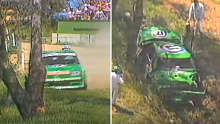 Dick Johnson's Falcon heads for the trees during his qualifying lap in 1983 (left) and the wreckage (right) from which Johnson escaped unscathed.