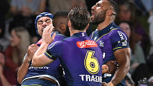 Isaac Lumelume of the Storm celebrates with team mates after scoring a try during the NRL Qualifying Final between the Melbourne Storm and the Manly Warringah Sea Eagles at Sunshine Coast Stadium on September 10, 2021, in Sunshine Coast, Australia. (Photo by Bradley Kanaris/Getty Images)