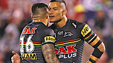 Moses Leota of the Panthers and Stephen Crichton of the Panthers celebrate after winning the round 13 NRL match 