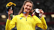 Nicola McDermott poses with the silver medal for the Women's High Jump.