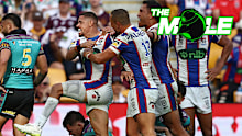 Dane Gagai celebrates with Knights teammates after a try against the Titans in round 11.