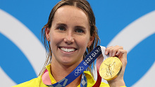 Gold medalist Emma McKeon of Team Australia poses during the medal ceremony for the Women's 50m Freestyle Final.