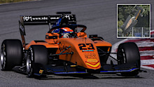 Alex Peroni driving during testing in Barcelona and (inset) his horrific crash.