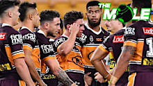 Broncos players during their 59-0 thrashing from the Roosters.