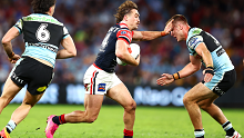 Connor Watson runs the ball during the round 11 NRL match between the Cronulla Sharks and the Sydney Roosters.