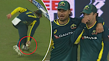 Marcus Stoinis and Travis Head celebrate a run out. 