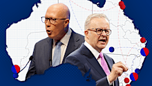 Peter Dutton and Anthony Albanese and a map of their federal election campaign movements.