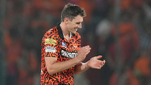 Sunrisers Hyderabad's captain Pat Cummins celebrates the wicket of Rajasthan Royals' Dhruv Jurel during the Indian Premier League cricket match between Sunrisers Hyderabad and Rajasthan Royals in Hyderabad, India, Thursday, May 2, 2024. (AP Photo/Mahesh Kumar A.)