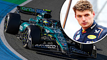 Fernando Alonso, Aston Martin, Max Verstappen inset.