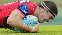 Dragons sensation Cody Ramsey after crossing for a try at the NRL Nines.