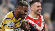 Maika Sivo and James Tedesco share a laugh after full-time in Roosters vs Eels.