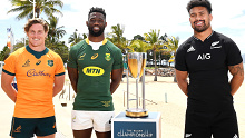 Michael Hooper of the Wallabies (left), Siya Kolisi of the Springboks and Ardie Savea of the All Blacks at a captains' photo shoot for the Rugby Championship.