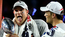 Tom Brady and Rob Gronkowski celebrate a Super Bowl win together. 