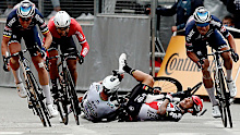 PONTIVY, FRANCE - JUNE 28: Peter Sagan of Slovakia and Team BORA - Hansgrohe & Caleb Ewan of Australia and Team Lotto Soudal involved in a crash at arrival during the 108th Tour de France 2021, Stage 3 a 182,9km stage from Lorient to Pontivy / Sprint / @LeTour / #TDF2021 / on June 28, 2021 in Pontivy, France. (Photo by Benoit Tessier - Pool/Getty Images)