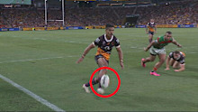 Deine Mariner chips ahead before scoring his second try against the Rabbitohs in round two, 2024.