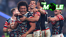 Naufahu Whyte of the Roosters celebrates scoring a try with teammates during the round 24 NRL match between Sydney Roosters and Canterbury Bulldogs at Allianz Stadium on August 15, 2025 in Sydney, Australia. (Photo by Cameron Spencer/Getty Images)