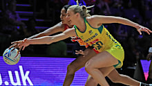 Australia's April Bradley and Sri Lanka's Elilenthinie Sethukavalar during the Netball World Cup match