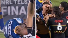 Blake Ferguson appearing to milk a penalty (left) and tensions boiling over during the Eels-Panthers semi-final clash.