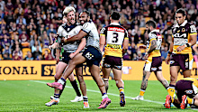 Melbourne Storm star Cameron Munster celebrates a try against the Brisbane Broncos