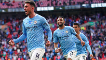 Aymeric Laporte of Manchester City celebrates after scoring his side's winning goal in the League Cup final.