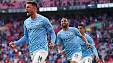 Aymeric Laporte of Manchester City celebrates after scoring his side's winning goal in the League Cup final.