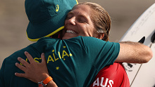 Stephanie Gilmore of Team Australia reacts after losing her during the Women's Round 3 heat.
