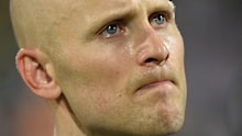 Gary Ablett battles to contain his emotions after losing the 2020 AFL Grand Final with Geelong.