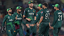 Pakistan players celebrate a wicket during their match against South Africa.