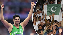Arshad Nadeem and Pakistani fans celebrating.