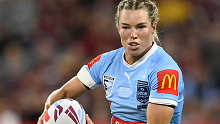 Emma Tonegato of the Blues runs the ball during game two of the women's state of origin series between New South Wales Skyblues and Queensland Maroons at Queensland Country Bank Stadium on June 22, 2023 in Townsville, Australia. (Photo by Ian Hitchcock/Getty Images)