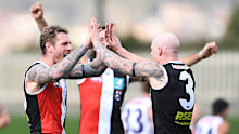 St Kilda's Tim Membrey (left) and Zak Jones celebrate a goal during the Saints' win against the Dockers.