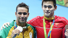 Silver medalist, South Africa's Chad Guy Bertrand le Clos, Gold medalist, China's Yang Sun at the men's 200m freestyle event at the 2016 Summer Olympic Games in Rio