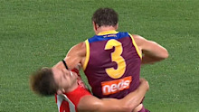 Joe Daniher collects Dane Rampe with his elbow.