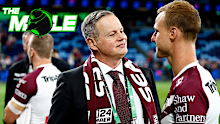 Manly owner Scott Penn speaks to Daly Cherry-Evans in 2024.