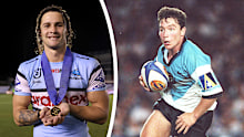 Nicho Hynes was awarded the inaugural Paul Green Medal for player of the match against the Cowboys. Insert of Paul Green playing for the Sharks in 1997.