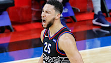 Ben Simmons #25 of the Philadelphia 76ers celebrates a dunk