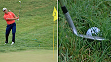Jon Rahm of Spain chips in for birdie on the 16th hole 