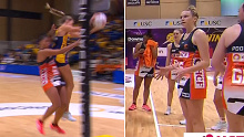 The first incident that got Kristiana Manu'a sent off (L) and GWS player Jo Harten remonstrates with the umpires (R).