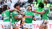 Canberra Raiders players celebrate a Matt Timoko try.