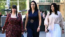 Dassi Erlich, Elly Sapper and Nicole Meyer at the County Court of Victoria in Melbourne during the trial.