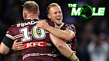 Matt Lodge is embraced by Daly Cherry-Evans during Manly's elimination final win over the Bulldogs.