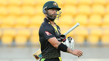 Australia batsman Matthew Wade leaves the middle after losing his wicket in a T20 game against New Zealand in March 2021.