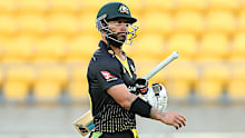Australia batsman Matthew Wade leaves the middle after losing his wicket in a T20 game against New Zealand in March 2021.