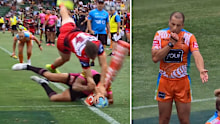  Cody Ramsey of the Dragons dives for the corner to score the game winning try
